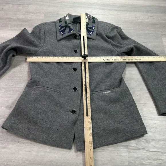 VINTAGE Geiger Skirt Suit Womens 38 Gray Wool Embroidered Floral 2 Piece Austria - Picture 8 of 16